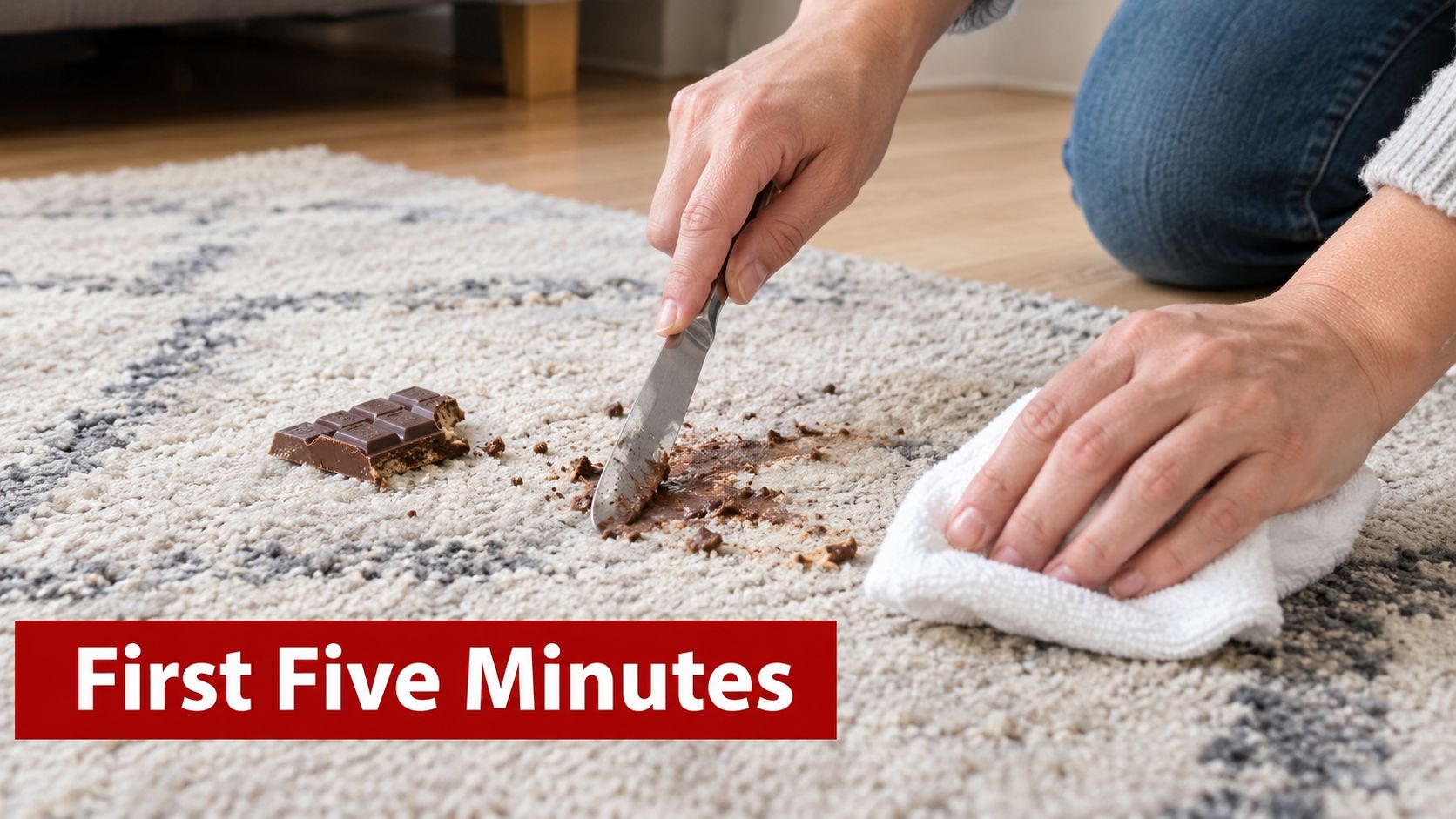 A person using a butter knife to carefully scrape chocolate off a light-colored carpeted floor.