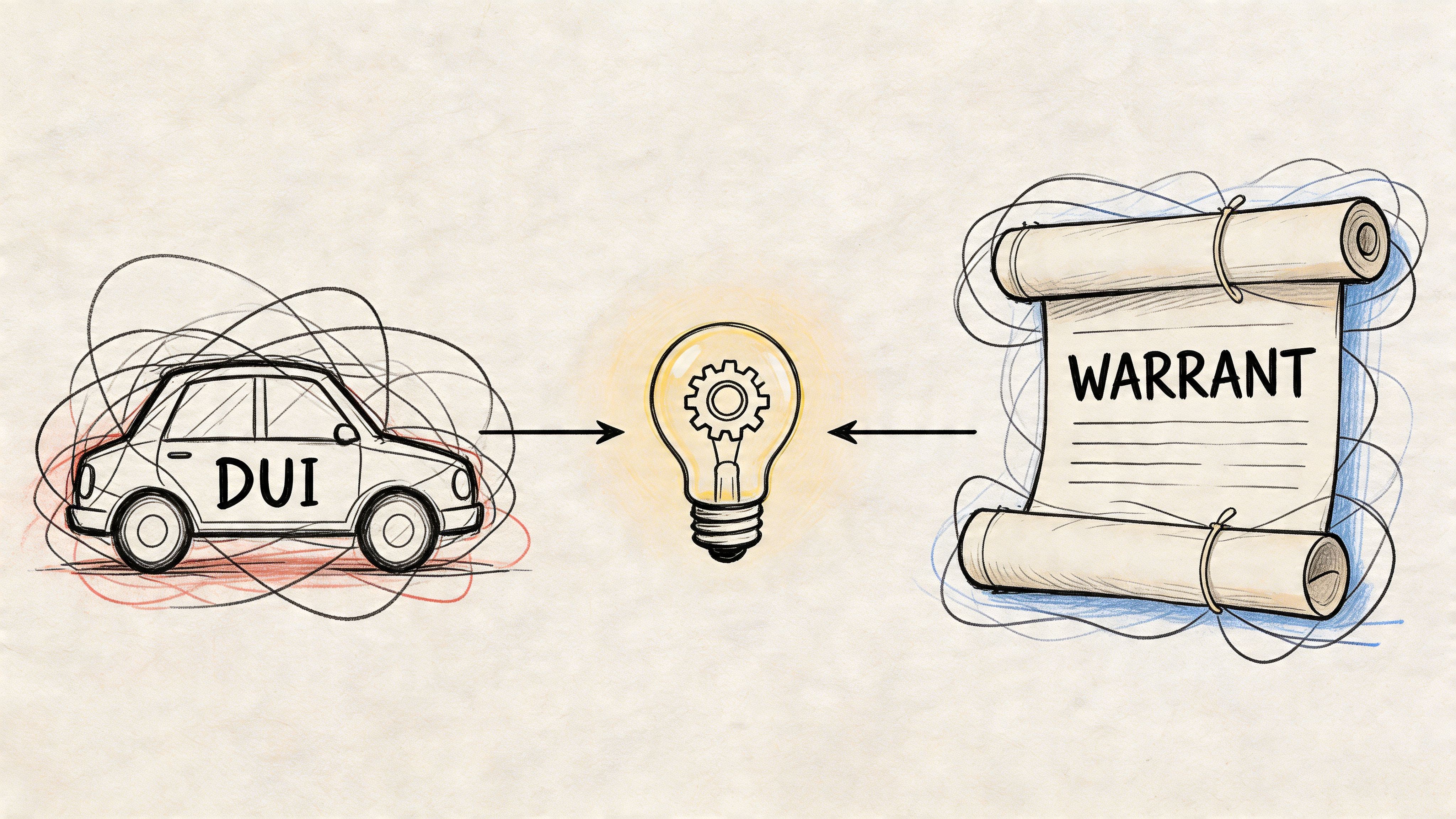 A conceptual illustration showing a DUI vehicle and a legal warrant connected by a central lightbulb.