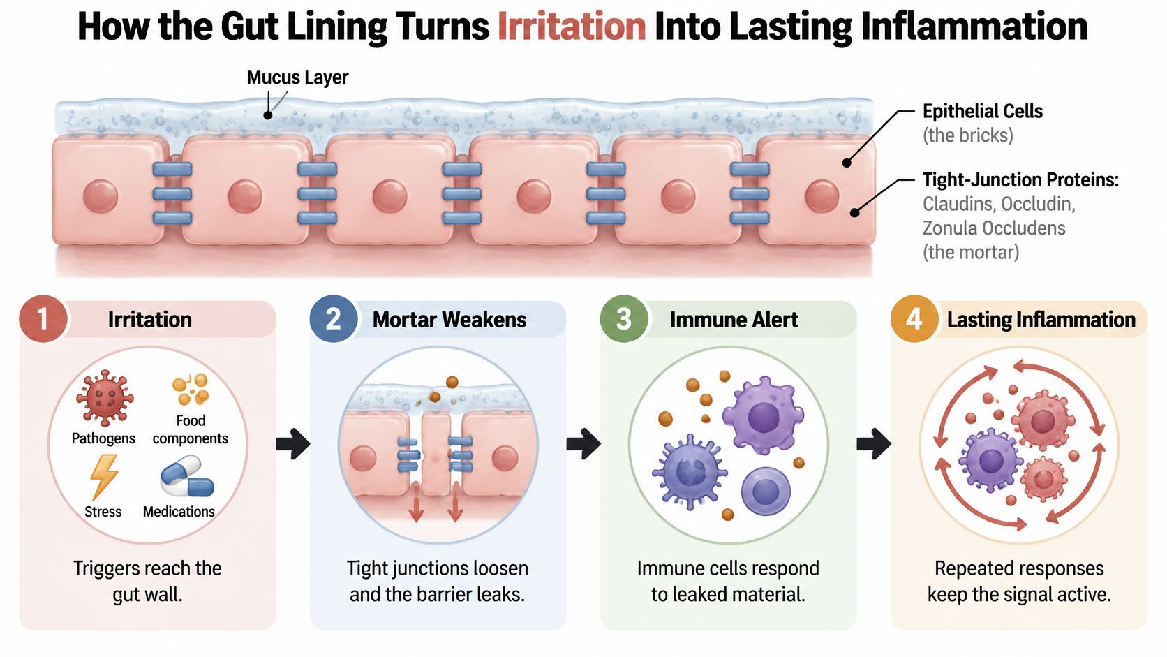 A diagram illustrating how gut lining irritation leads to intestinal permeability, immune response, and chronic gut inflammation.