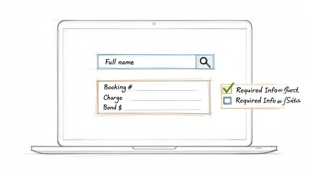 Sketch of a laptop interface showing a search bar for full name and a form for booking details like charge and bond, with required info checkboxes.
