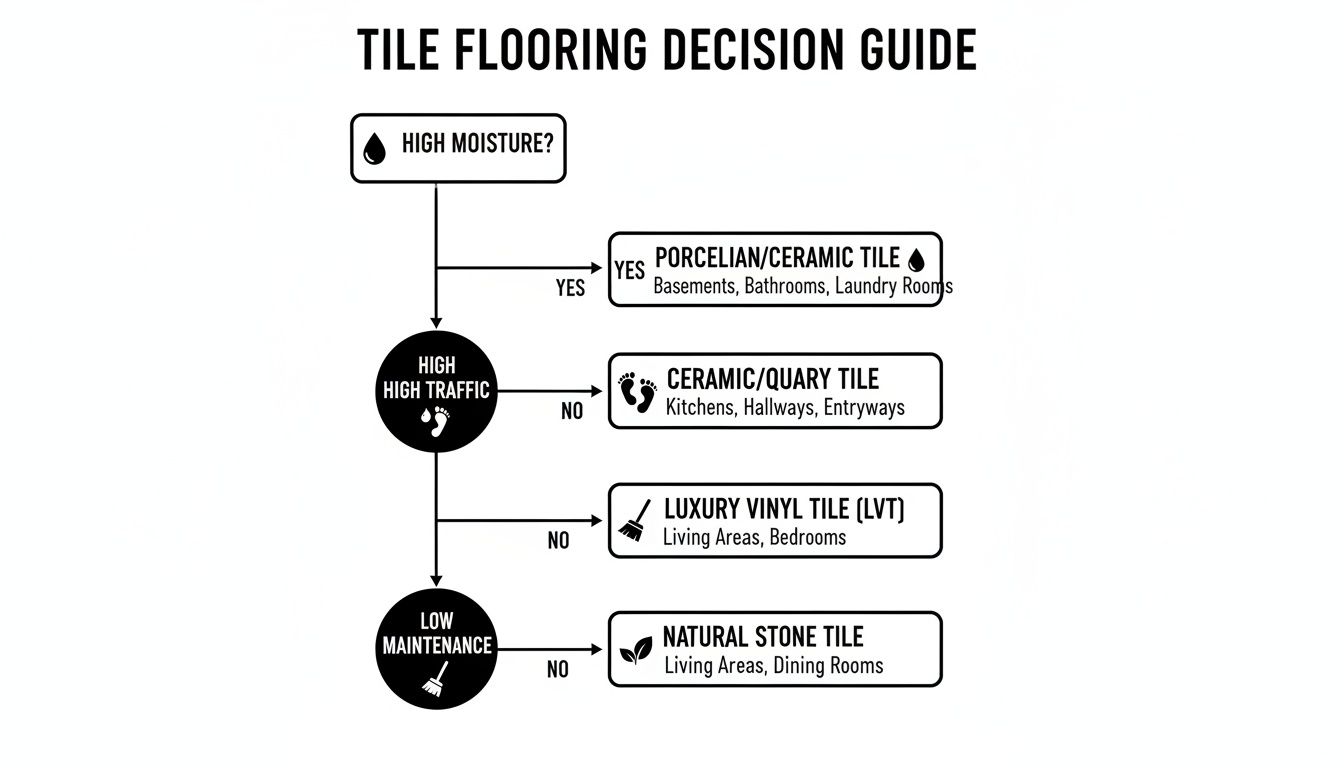 A flowchart decision guide for choosing tile flooring based on moisture, traffic, and maintenance.