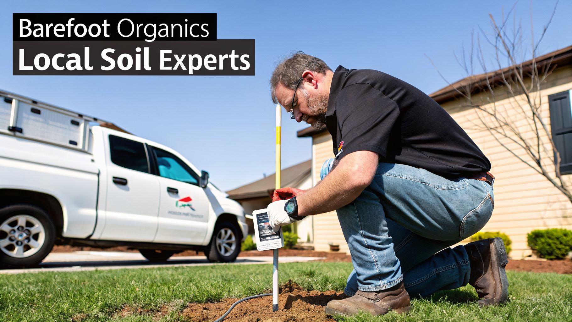Local soil expert from Barefoot Organics testing soil on a residential lawn with a device.