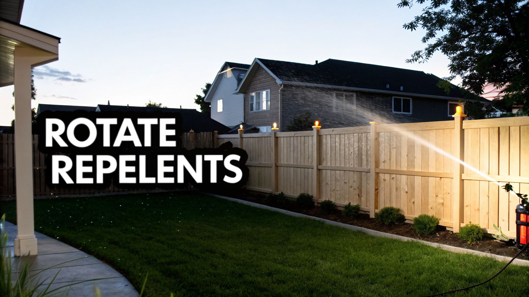A backyard with a sprinkler spraying water over a wooden fence and lawn at dusk, with text 'ROTATE REPELENTS'.