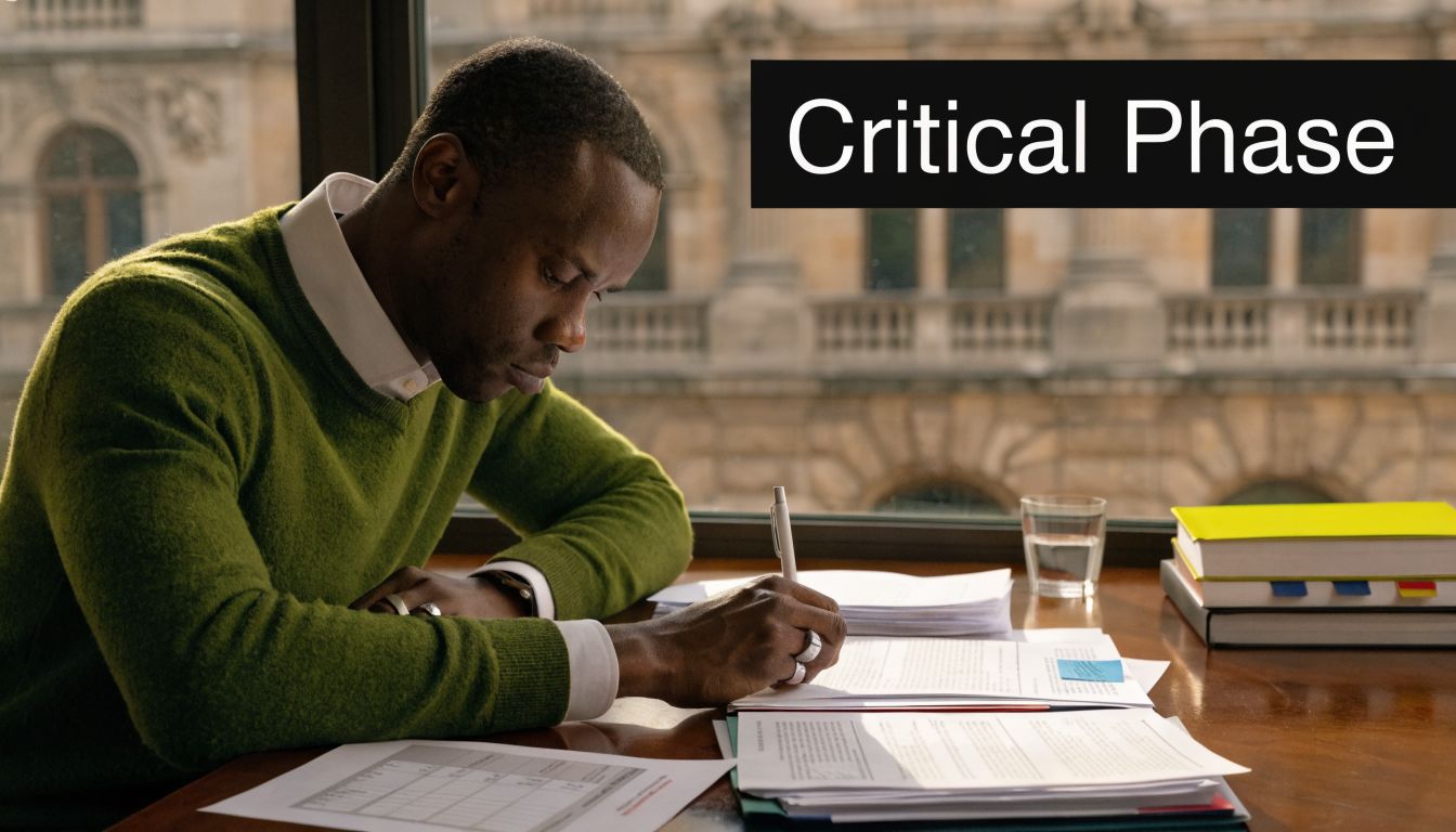 A focused professional in a green sweater reviewing and signing legal documents at an office desk.