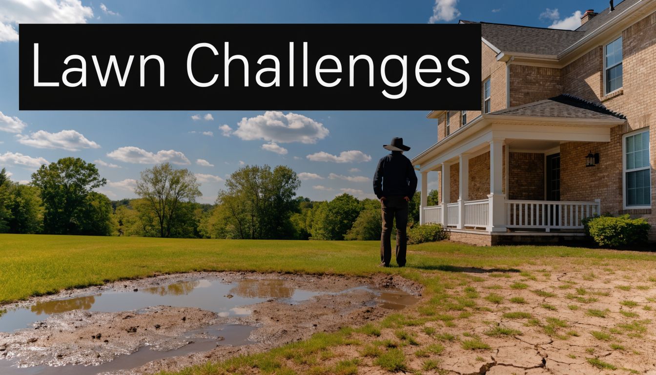A person in a hat standing in front of a house looking at a muddy lawn.