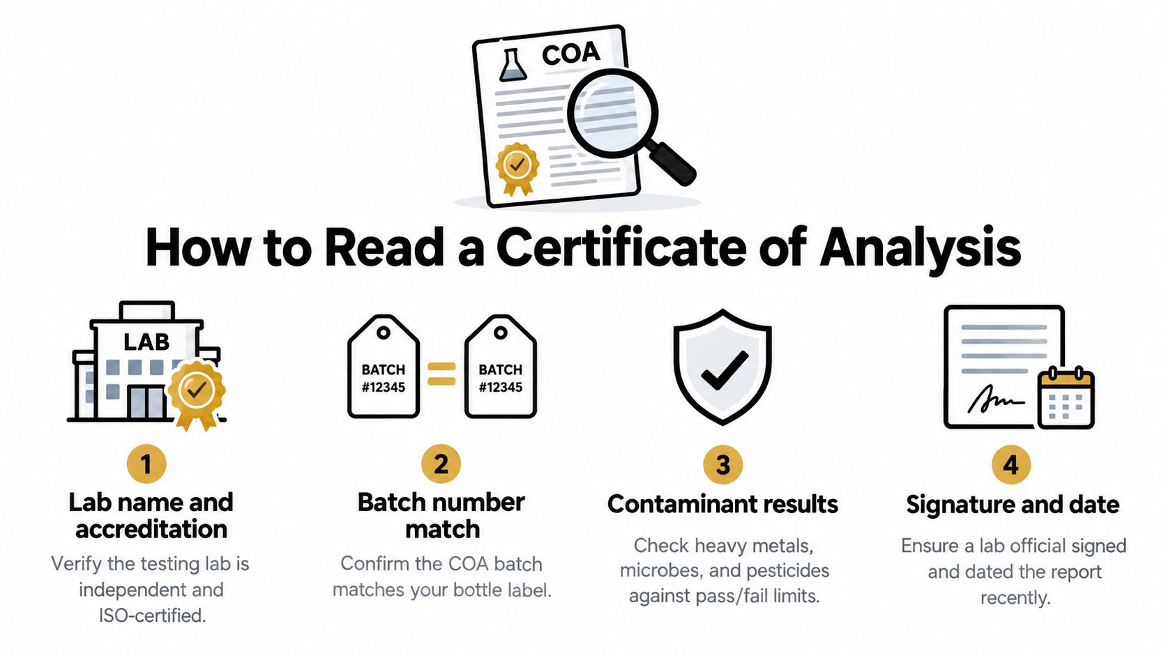 An infographic illustrating four simple steps to read and verify a Certificate of Analysis for supplements.