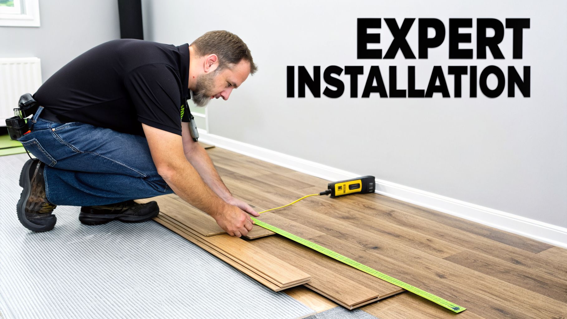 Skilled installer accurately measures wood flooring plank during a professional installation project.