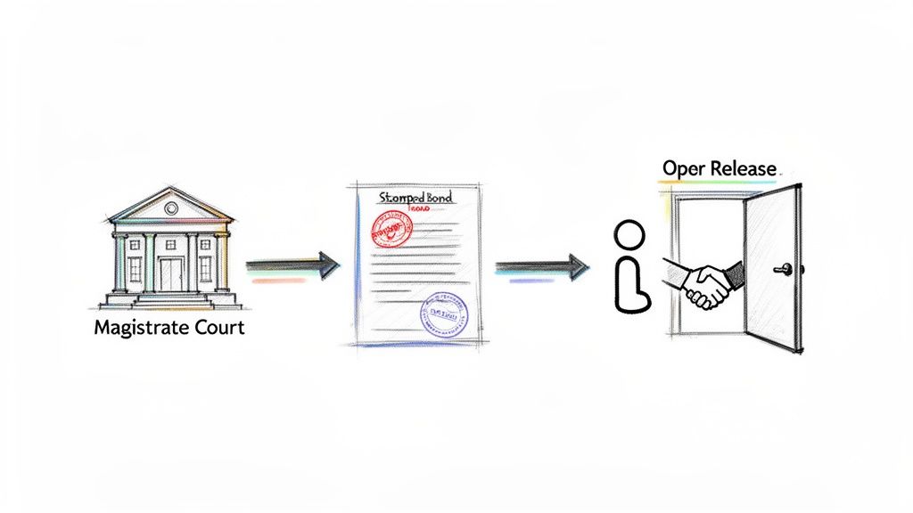 Flowchart illustrating the process from Magistrate Court to a stamped bond and eventual release.