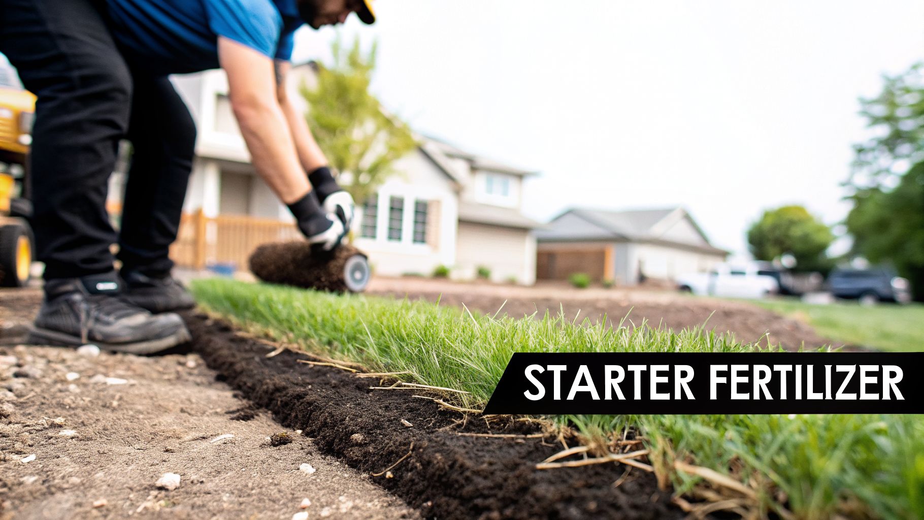 A landscaper installing fresh green sod rolls on prepared soil, creating a new lawn near houses.