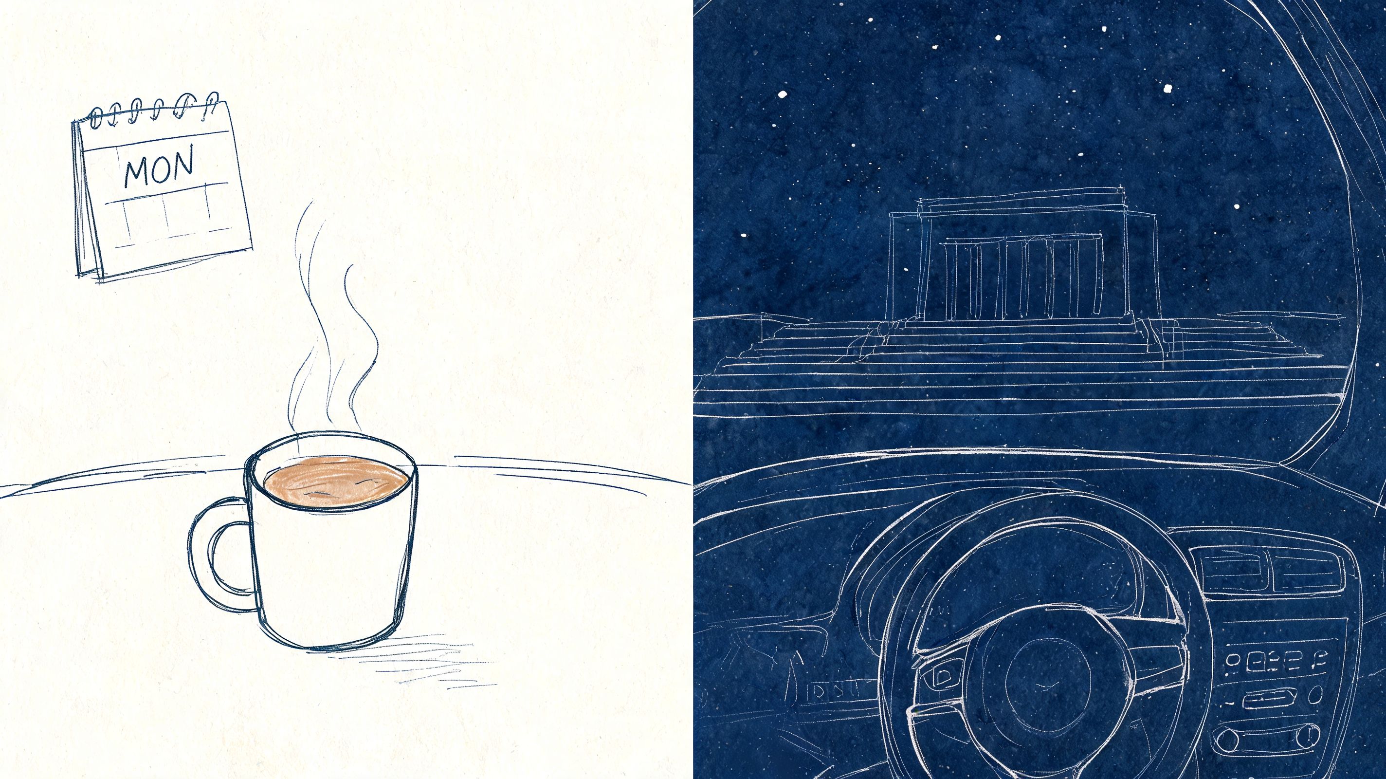 A split illustration showing a morning coffee on a Monday and a night drive to the Lincoln Memorial.