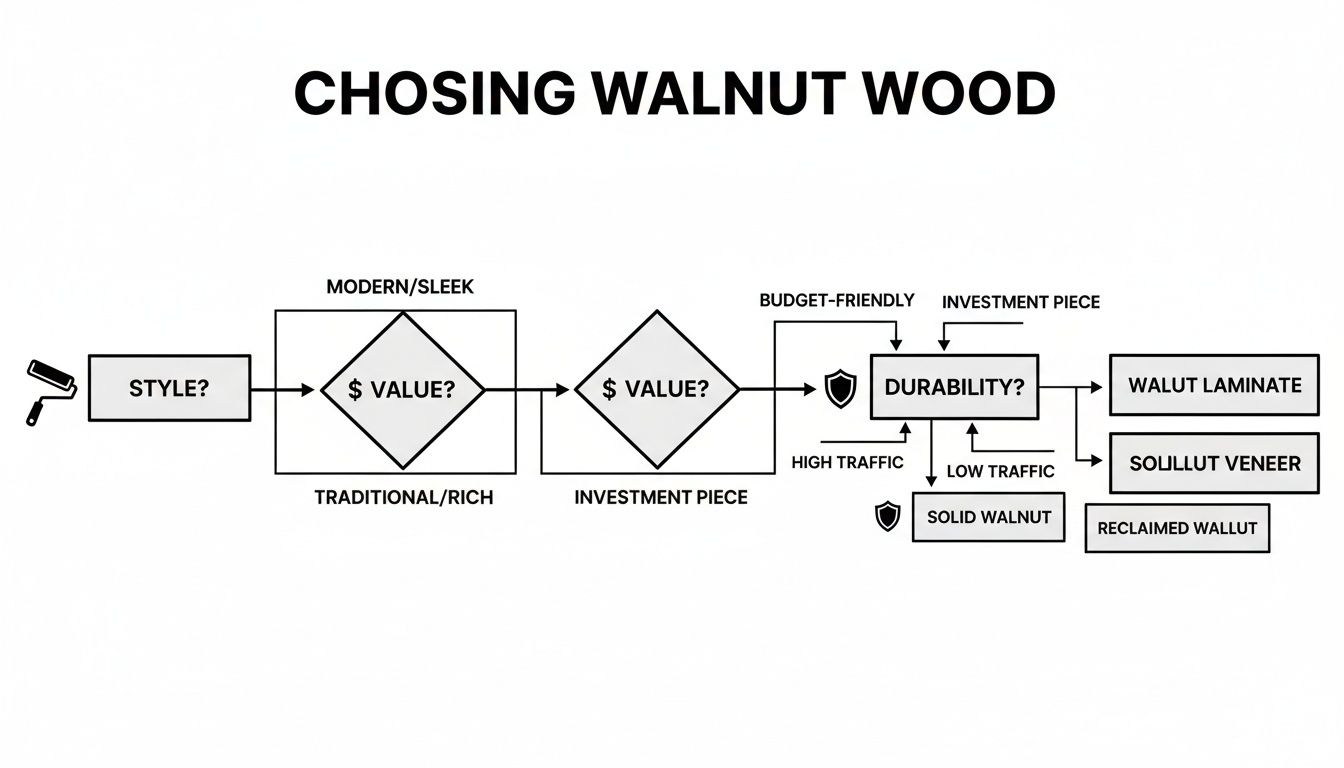 Flowchart illustrating the decision process for choosing walnut wood based on style, value, and durability.