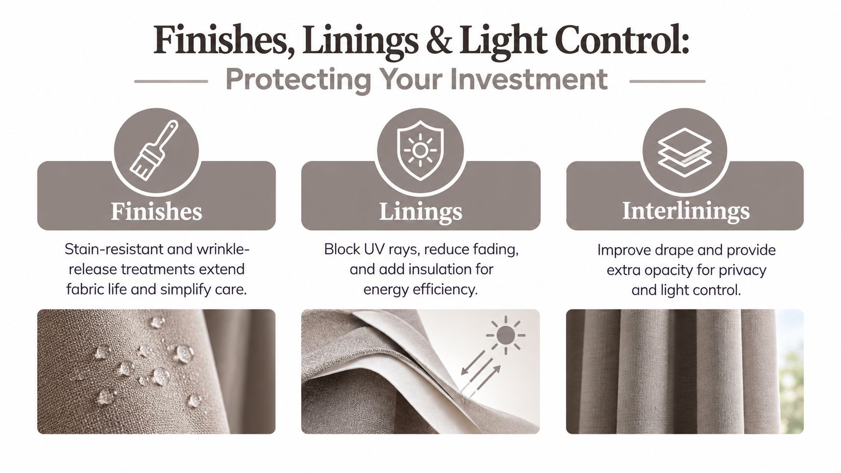 A graphic explaining the benefits of drapery finishes, linings, and interlinings for fabric care and light control.