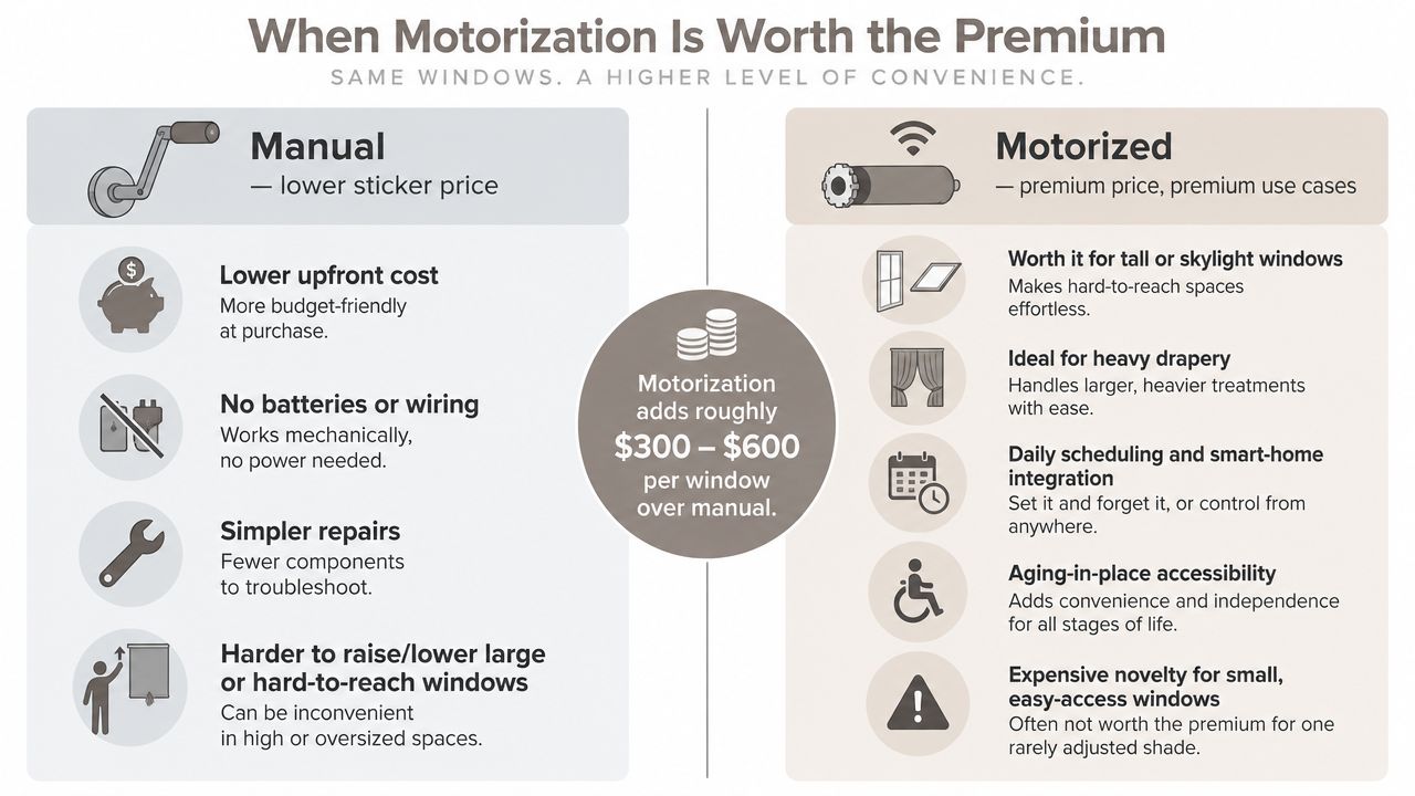 A comparison chart outlining the pros and cons of choosing manual versus motorized window treatments for homes.