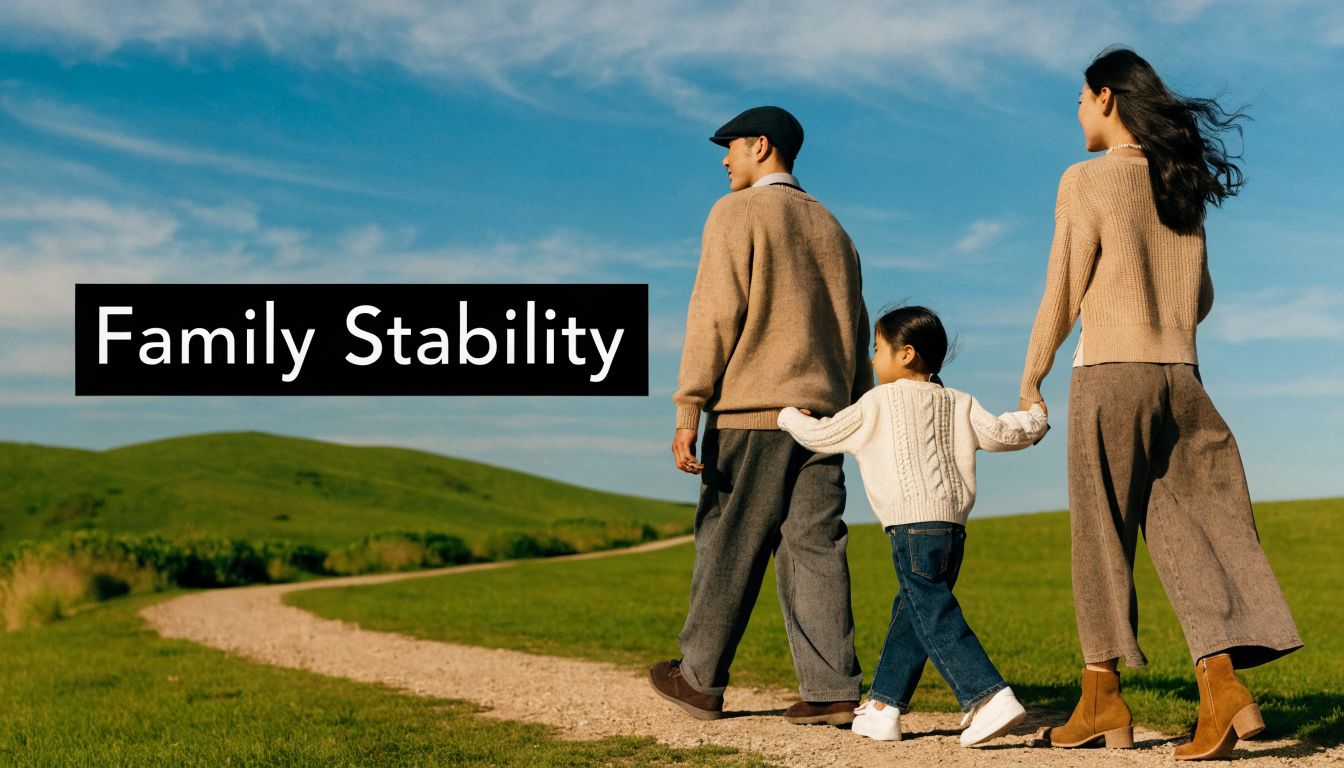 A happy family walking together along a rural pathway under a clear blue sky, symbolizing support.