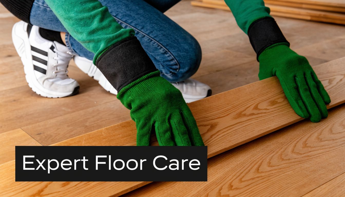 A professional flooring specialist installing high-quality European white oak wooden floor planks with green protective gloves.