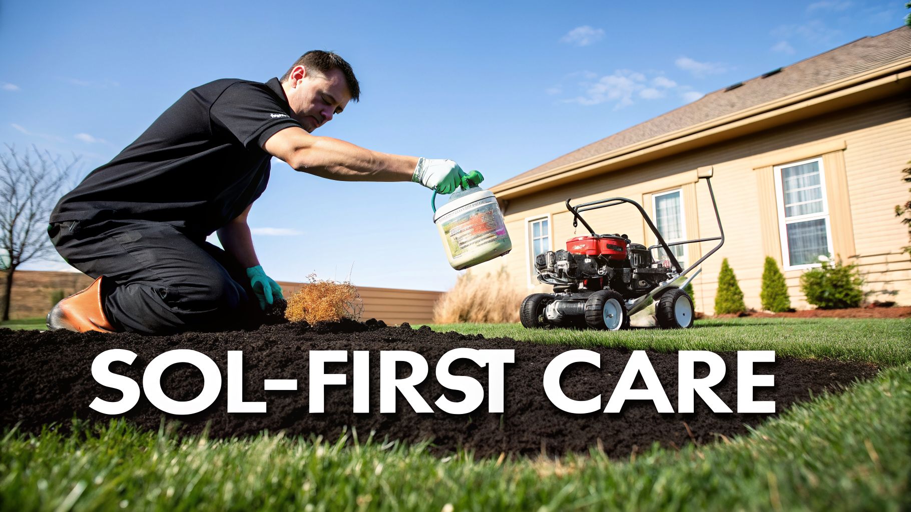 Man applying granular product to soil during lawn care, with a lawnmower and house visible.