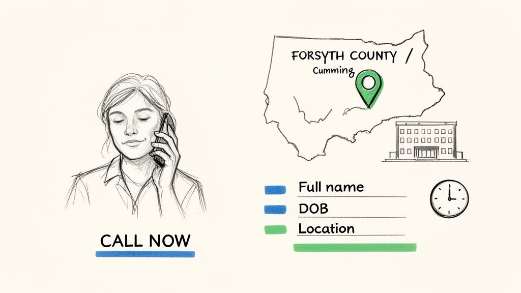 A sketch of a person on the phone, a map of Forsyth County/Cumming, and data elements for call now.