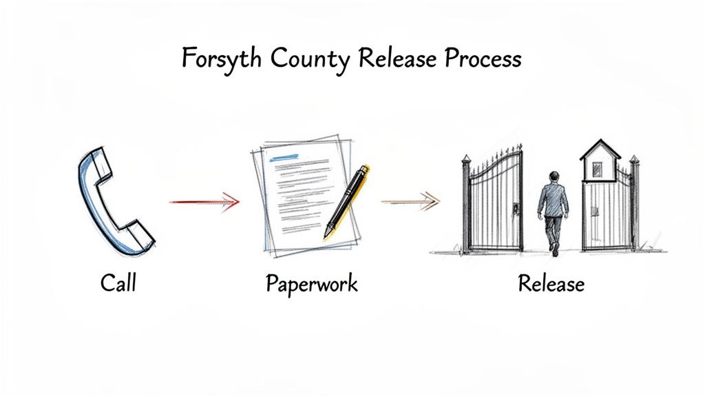 Diagram outlining the Forsyth County release process: initiating with a call, followed by paperwork, and culminating in release.