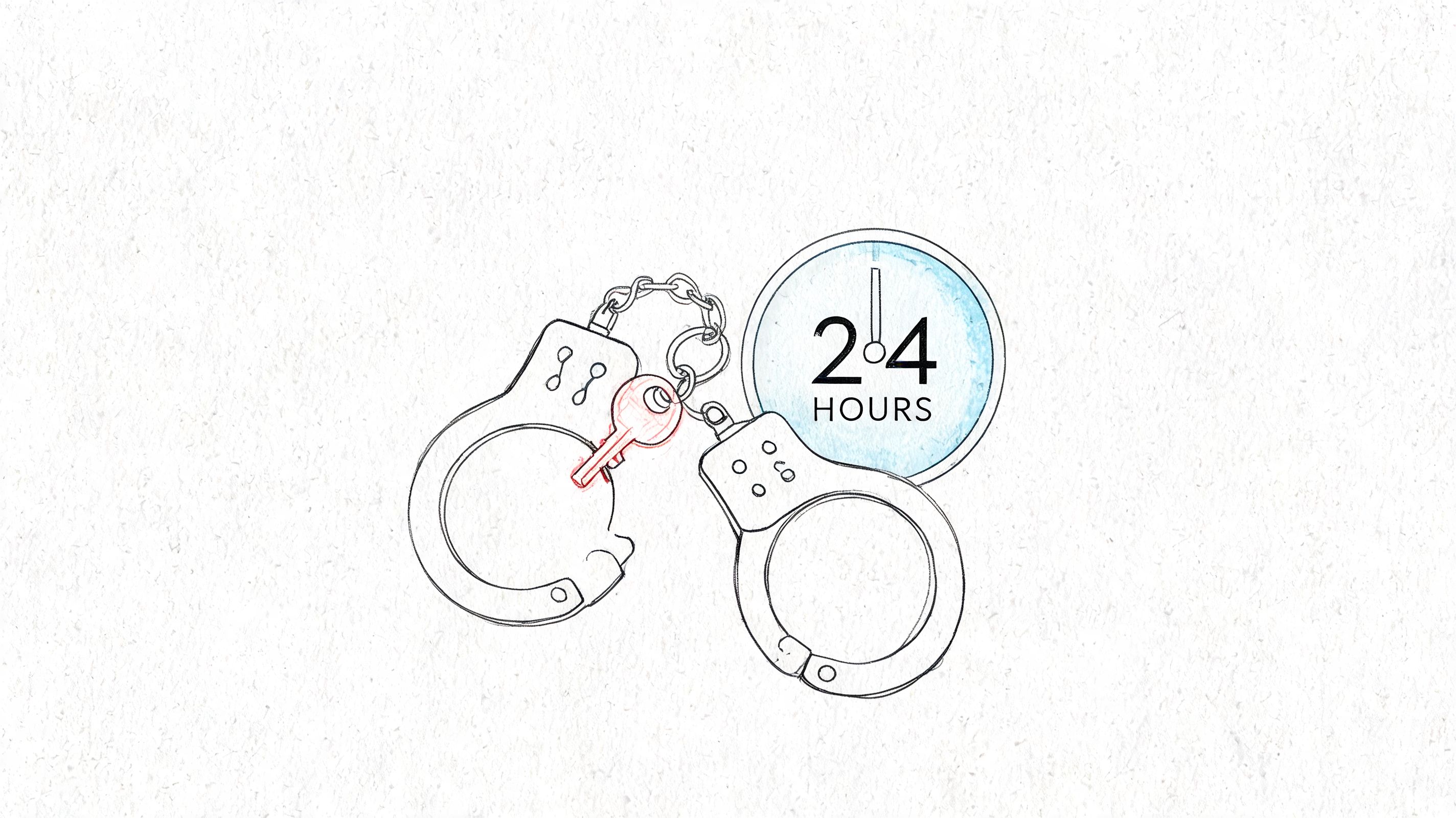 An artistic sketch of handcuffs with a red key next to a blue twenty-four-hour clock face.