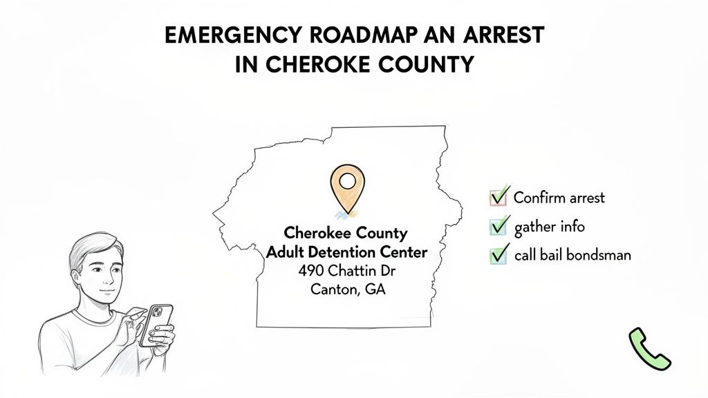 Emergency roadmap for an arrest in Cherokee County, Georgia, showing jail location and steps like confirming arrest and calling a bail bondsman.