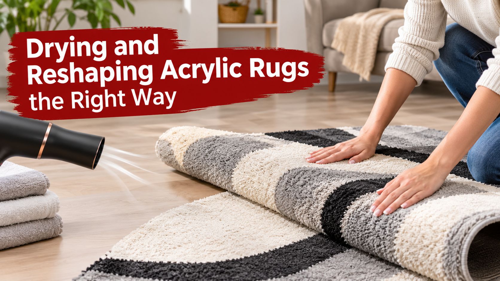 A person using a hair dryer to carefully dry and reshape a modern patterned acrylic area rug.
