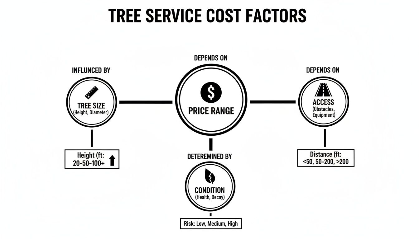 Diagram illustrating the key factors influencing tree service cost, including tree size, access, and condition.