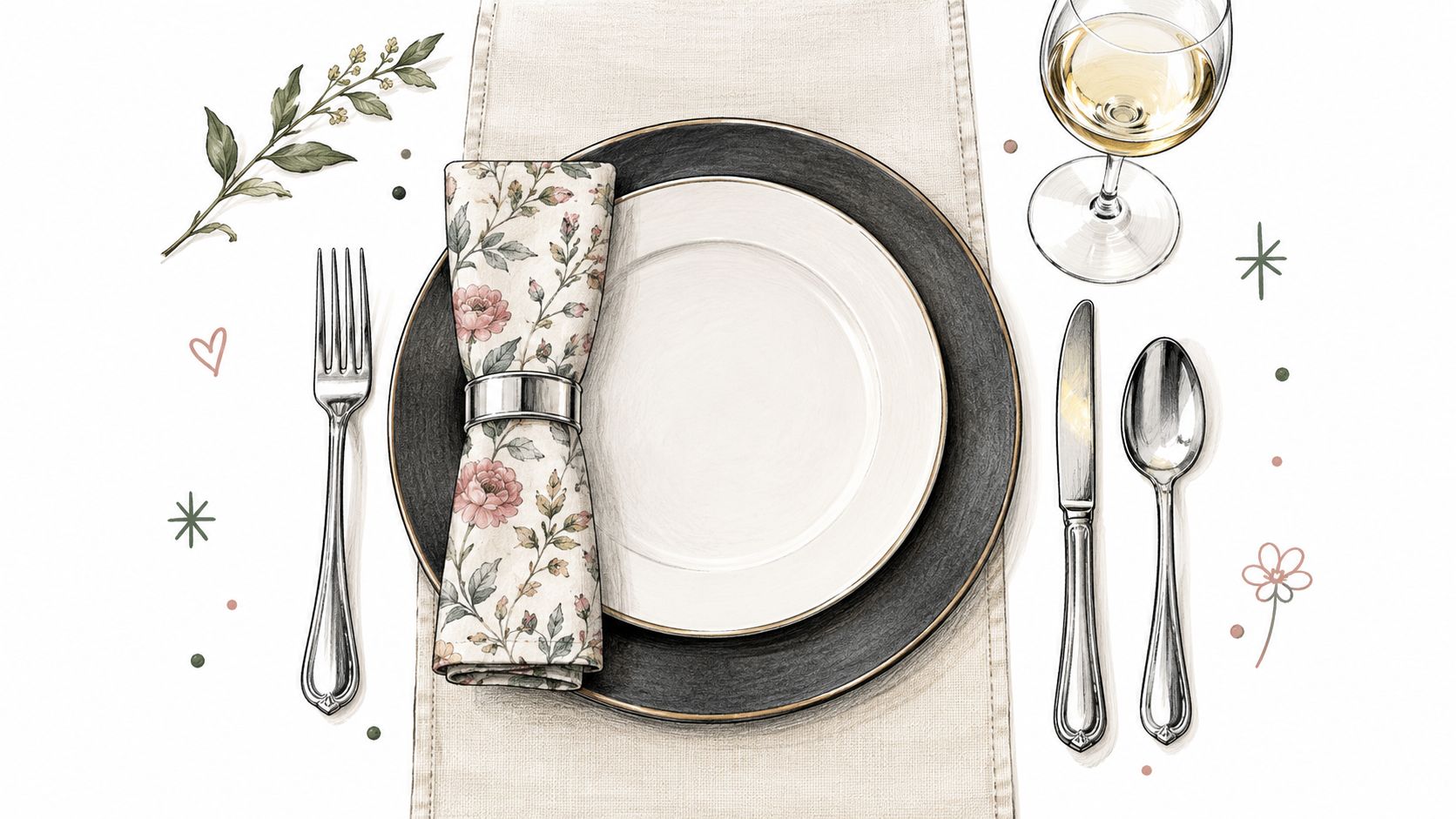 A sophisticated place setting featuring a floral fabric napkin, dinner plates, cutlery, and a wine glass.