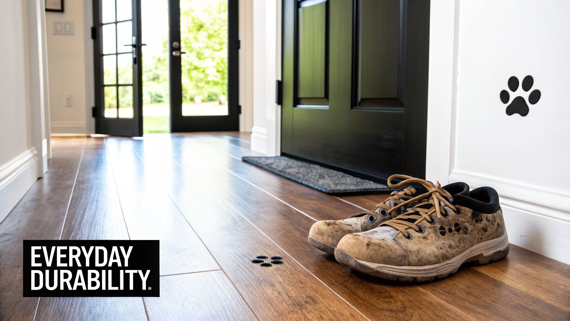 Durable engineered hardwood floor in an entryway with dirty shoes and paw prints.