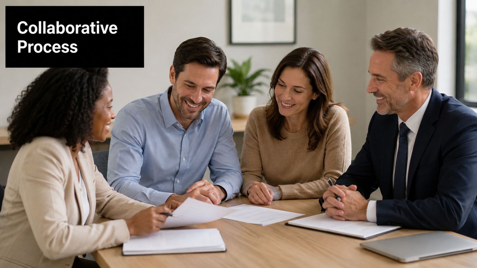 A professional meeting between a couple and two advisors discussing a collaborative process for conflict resolution.