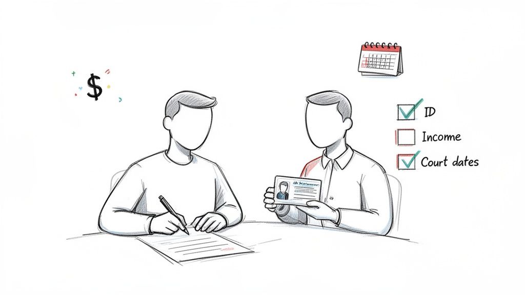 Two men discussing legal documents; one shows an ID, while the other signs paperwork, surrounded by financial and scheduling icons.