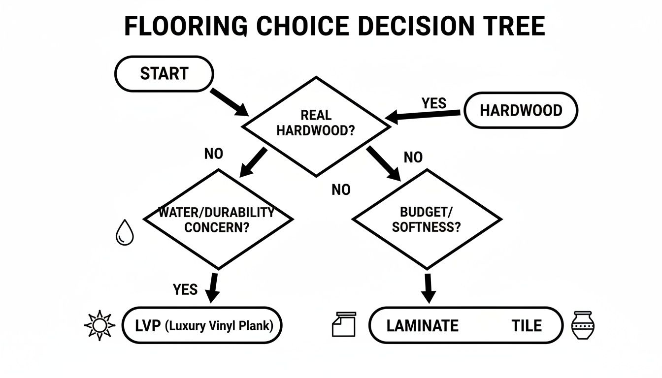 A flooring choice decision tree diagram guiding users from start to various flooring types.