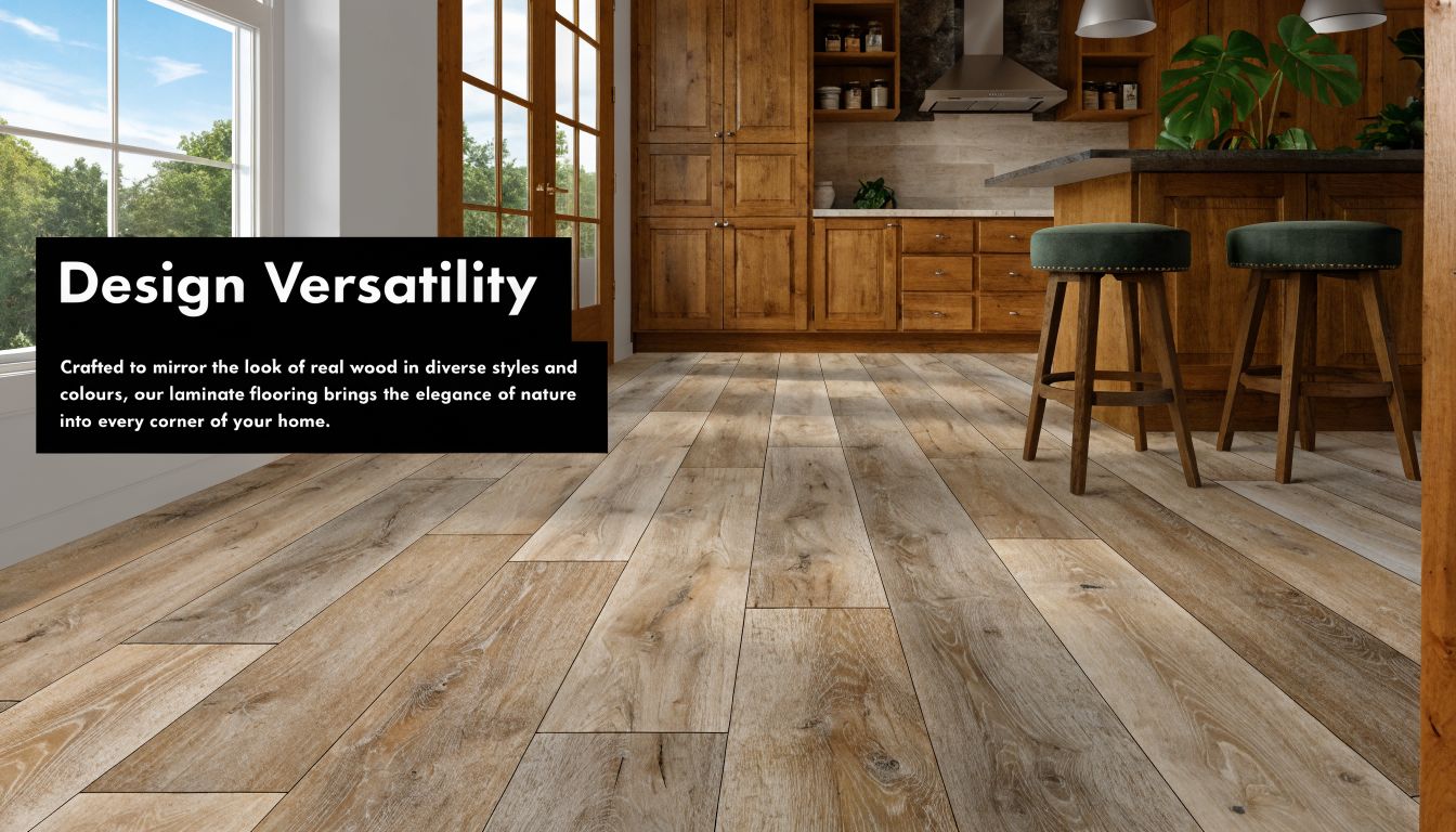 A beautiful kitchen featuring natural wood-look laminate flooring that perfectly mimics the charm of real timber.
