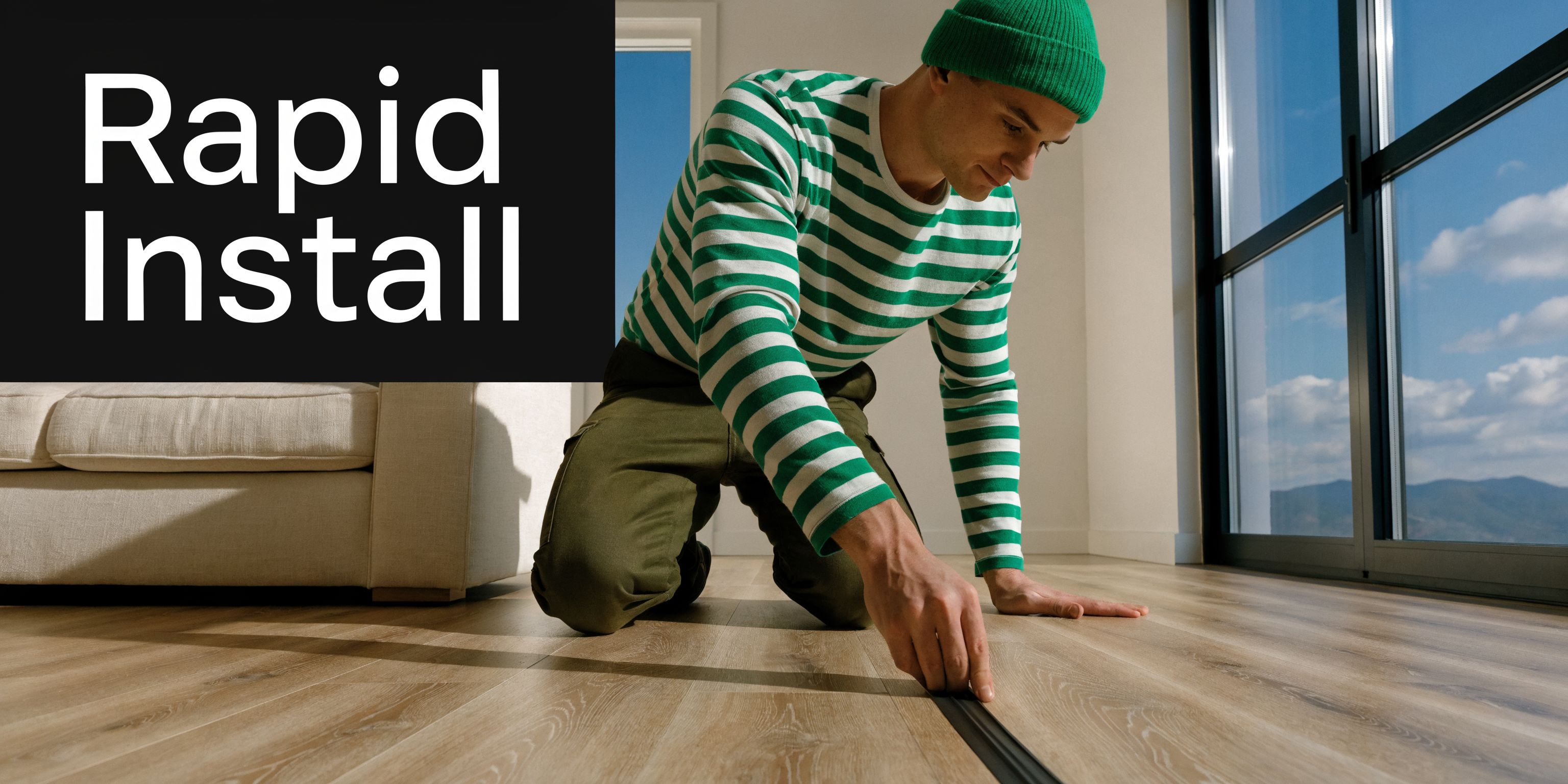 A man in a striped shirt installs attached underlayment laminate flooring planks in a bright modern living room.