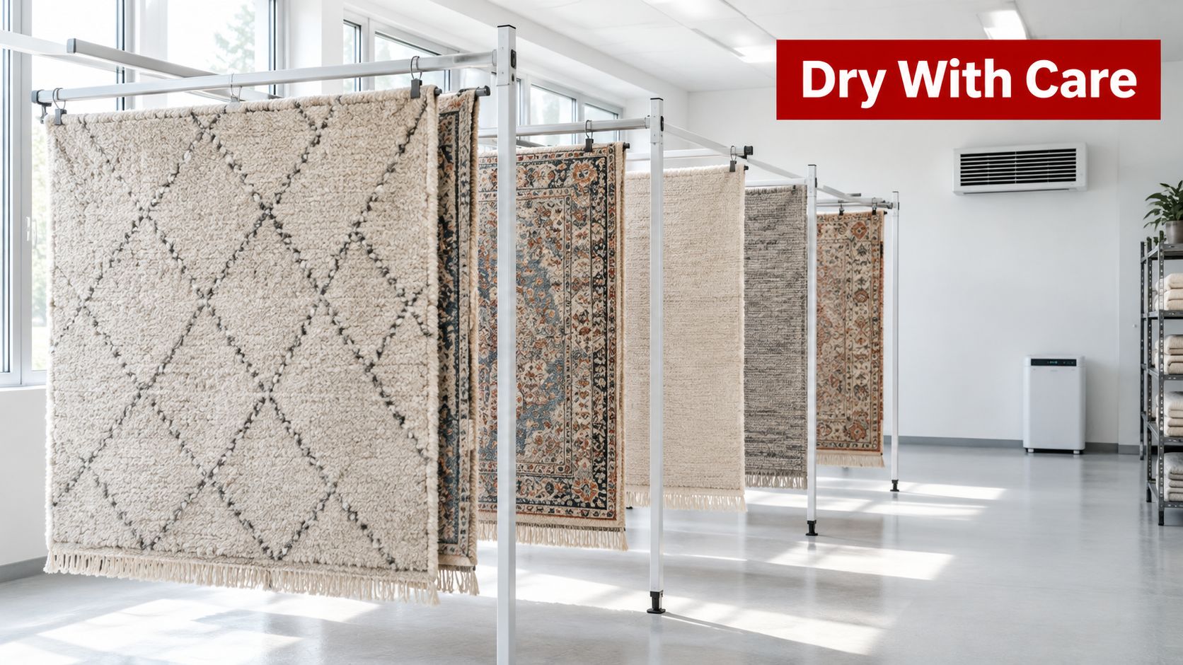 Several patterned and solid wool rugs hanging to dry on metal racks in a cleaning facility.