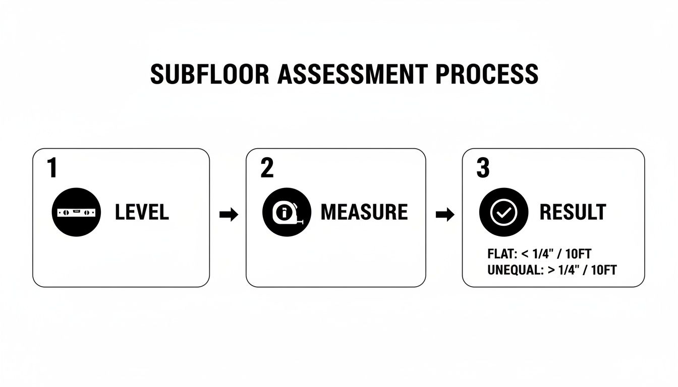 Infographic outlining the 3-step subfloor assessment process: level, measure, and interpret results for flatness.