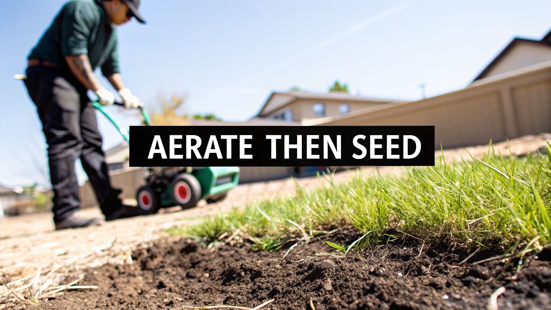 A person uses a lawn aerator, with "AERATE THEN SEED" text overlay, showing soil and grass.