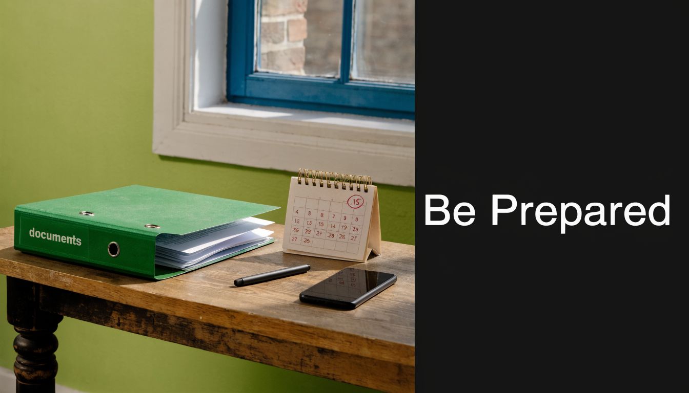 A green document binder, a calendar marked with the number fifteen, and a phone sit on a desk.