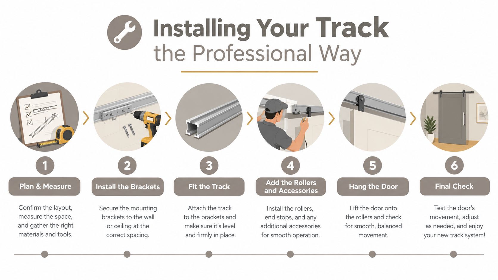 A step-by-step instructional graphic demonstrating how to install a professional sliding door track system on a wall.