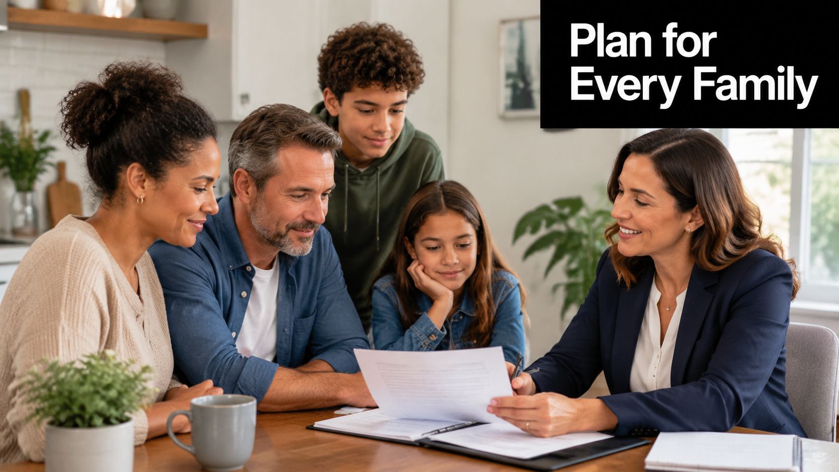 A professional financial advisor discusses important estate planning documents with a happy family at home.