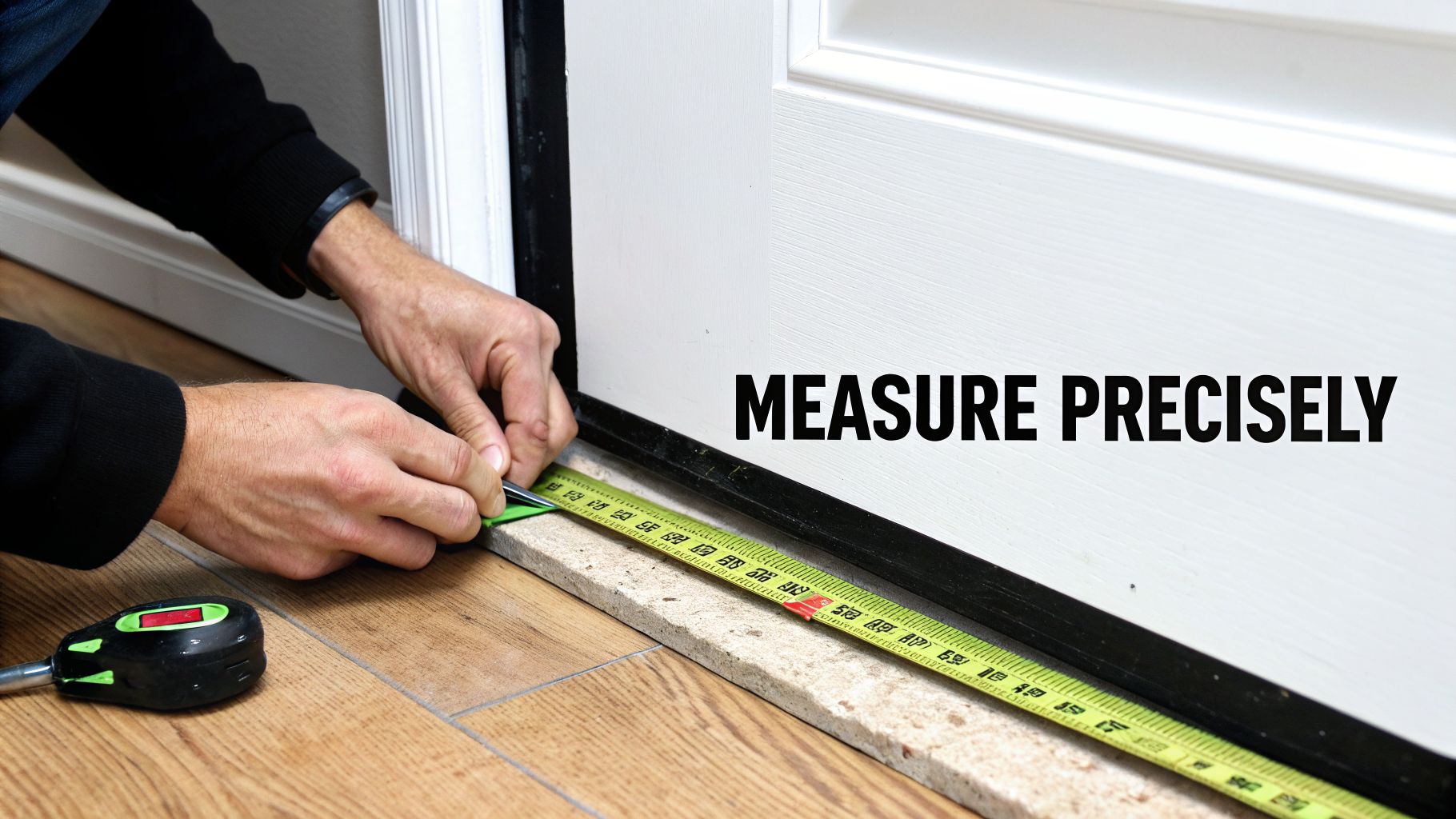 Hands using a tape measure to precisely fit a transition piece for laminate flooring.