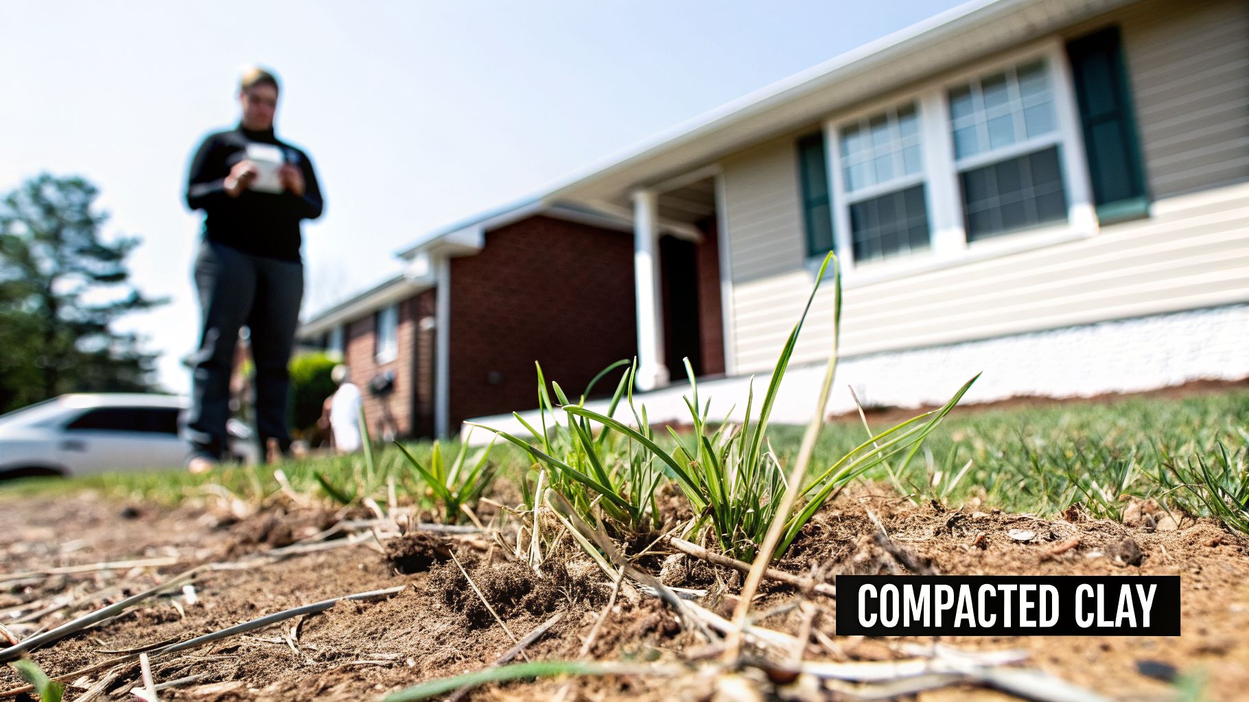 A low-angle view of sparse green grass struggling to grow in dry, compacted clay soil. A blurred person and house are in the background.