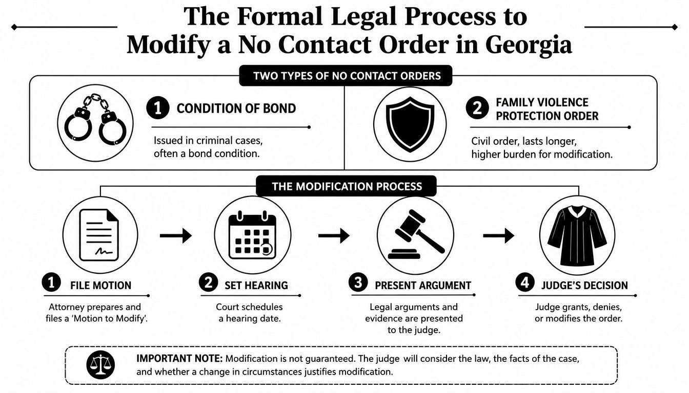 A flowchart explaining the formal legal process for modifying a no contact order in Georgia.