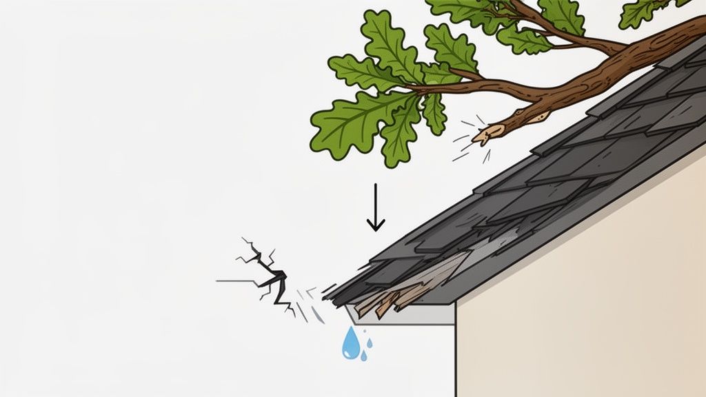 An illustration of a tree branch falling onto a house roof, damaging shingles and gutter, causing water leaks.