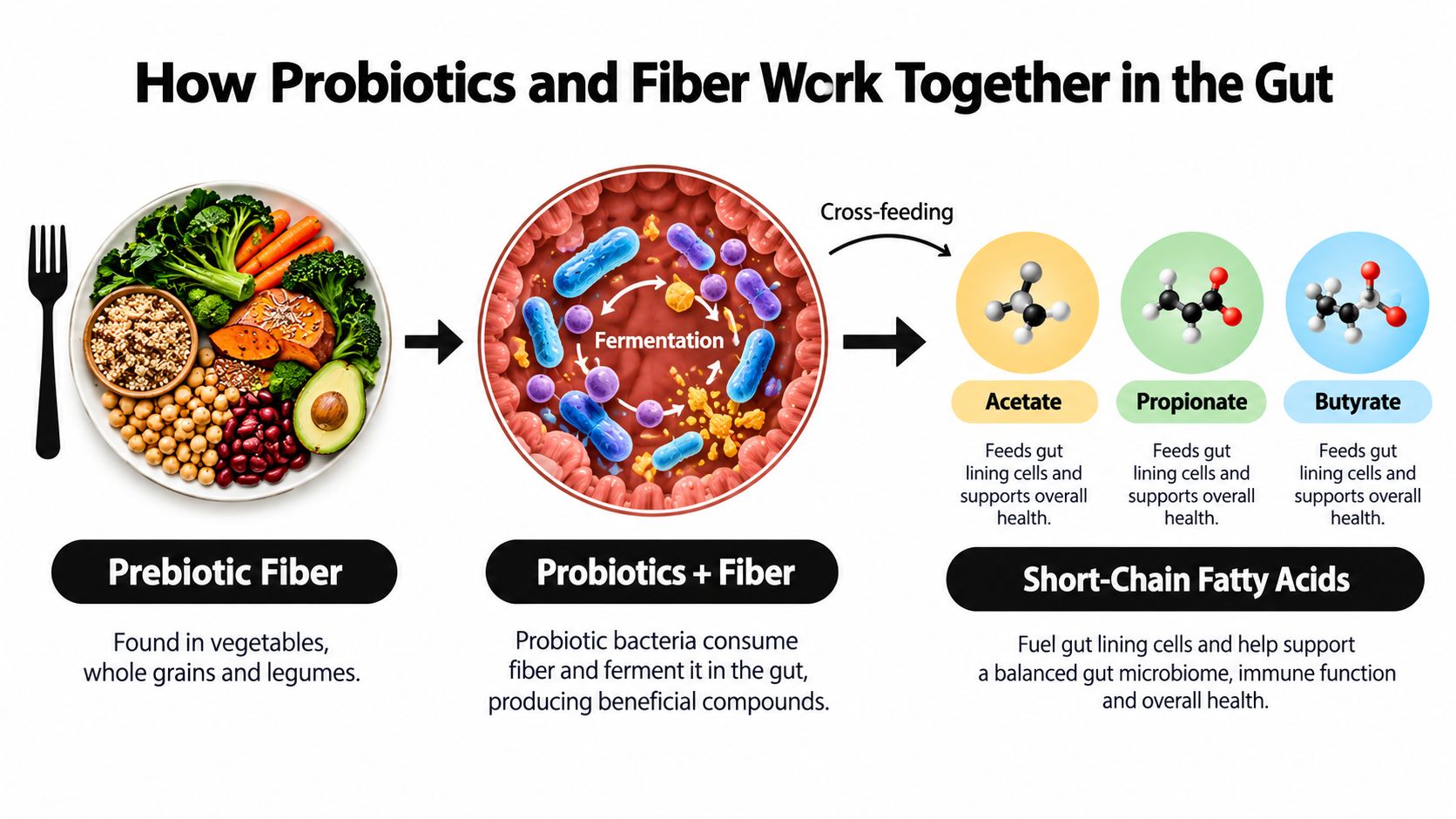 A diagram illustrating how prebiotic fiber and probiotics work together to produce short-chain fatty acids in the gut.