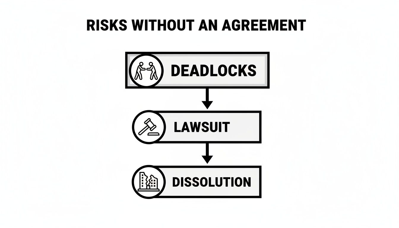 Flowchart illustrating risks without an agreement, showing deadlocks leading to lawsuit, then dissolution of a business.