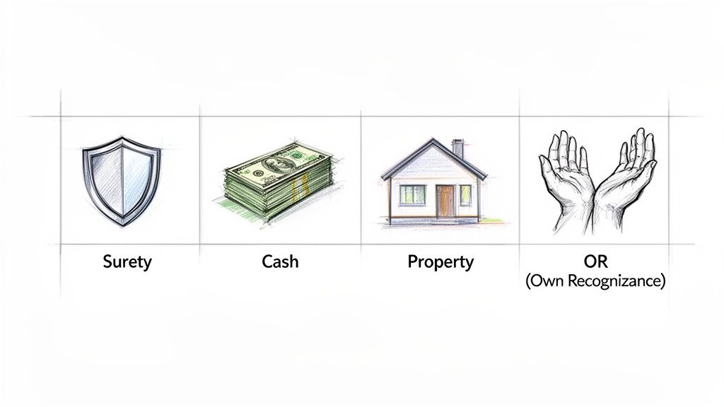 Four options for bail represented by icons: a shield for surety, cash, a house for property, and hands for own recognizance.