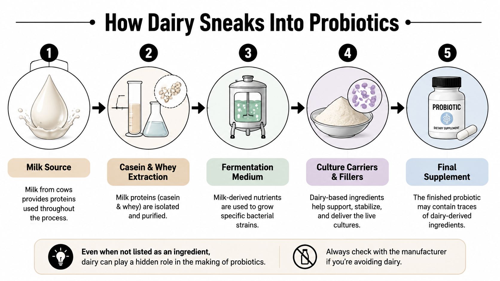 A diagram illustrating the five stages of how dairy ingredients are incorporated into the production of probiotics.