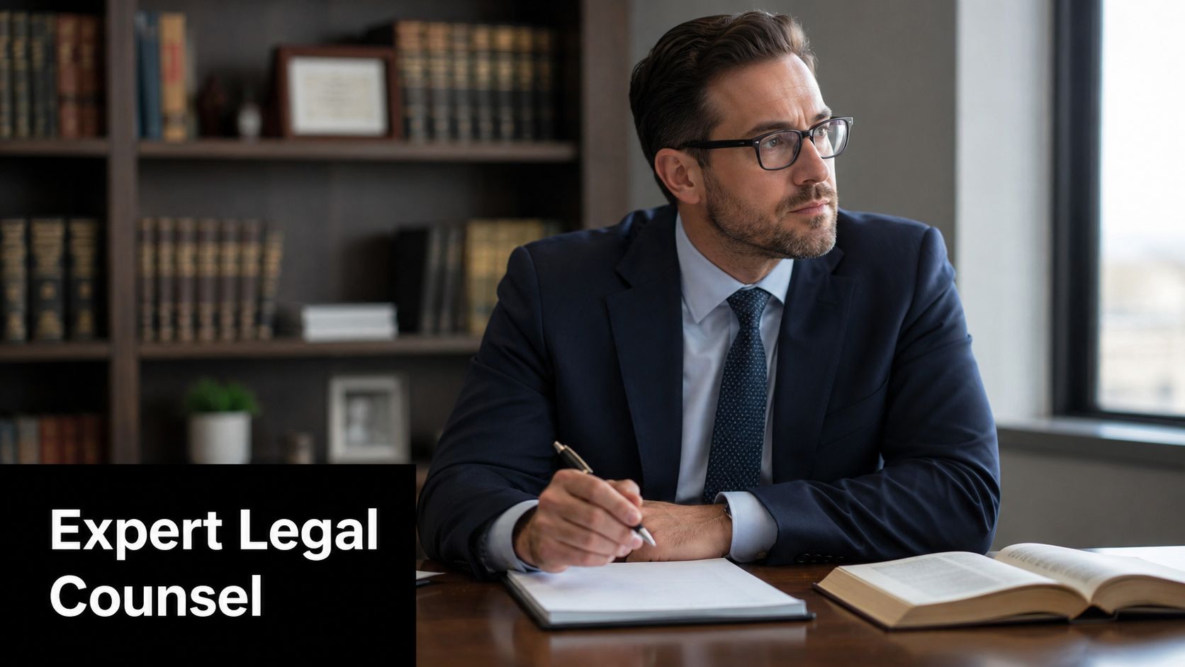 A professional male attorney sitting at his desk in a law office holding a pen.
