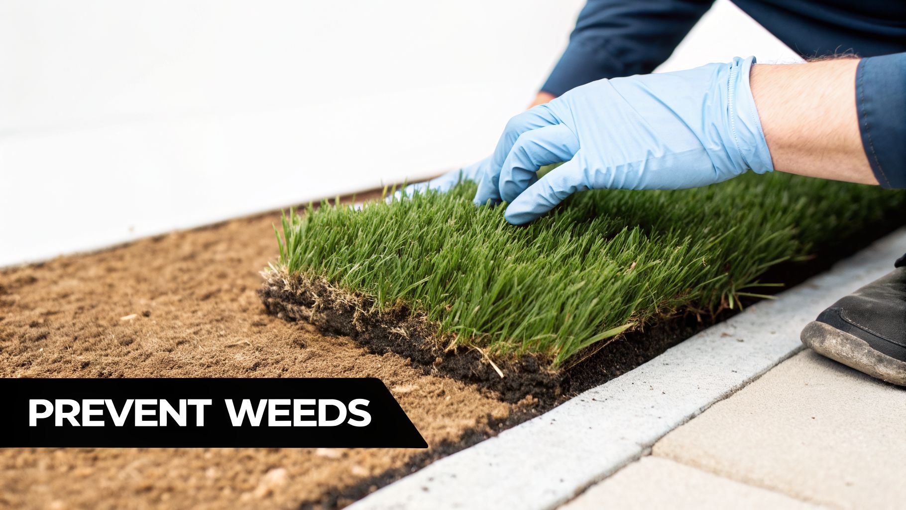 A person in blue gloves carefully lays down a strip of green sod onto brown soil to prevent weeds.