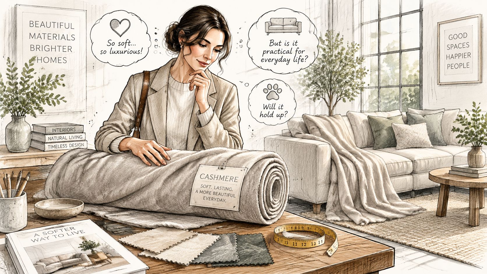 A woman inspecting a roll of cashmere fabric, considering its softness and durability for home interior design.